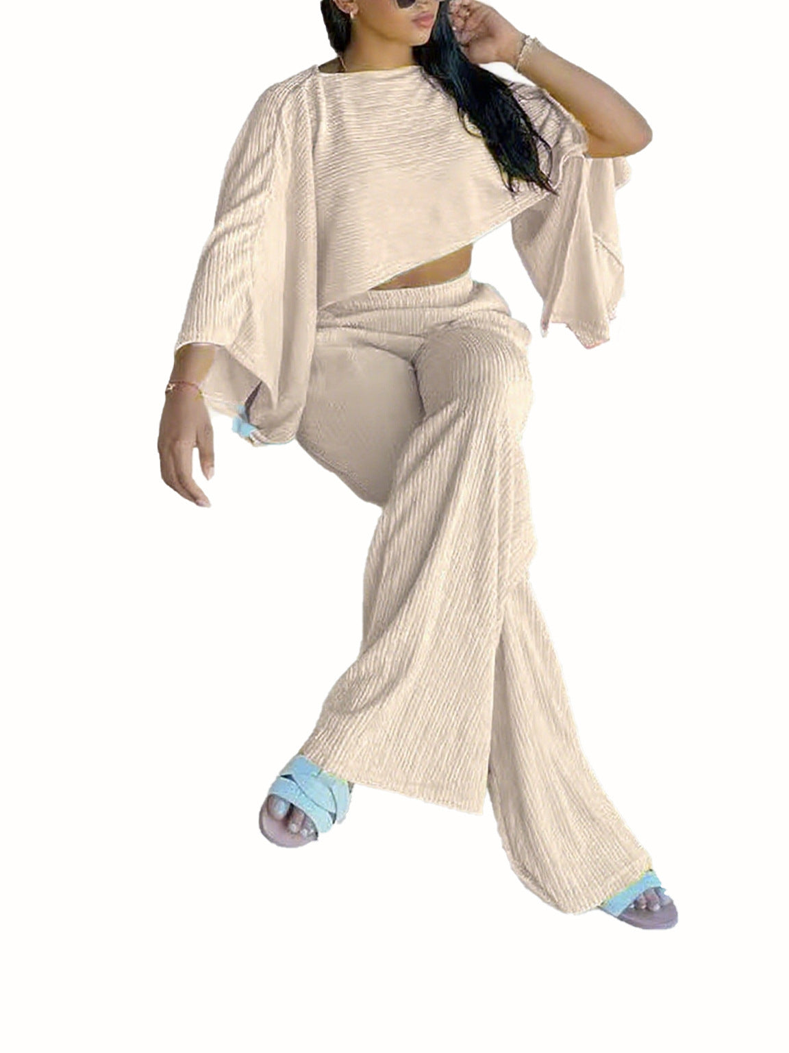 Women's Fashion Sexy Beach Holidays Solid Slash Shoulder Irregular Top with Elastic Waist Pockets Long Pants Set 7