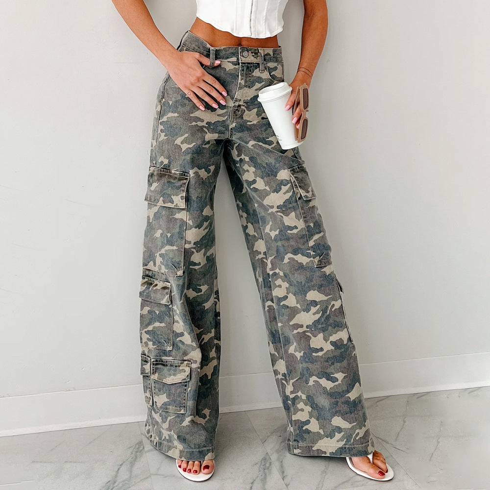 Women Fall/Winter Cargo Pocket Casual Camouflage Wide-Leg Pant 3