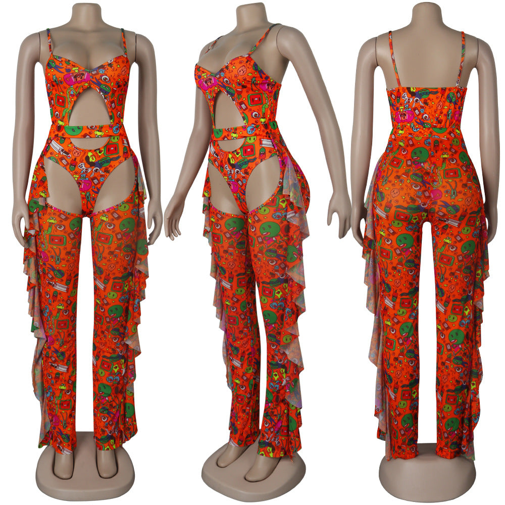 Sexy Women's Solid Color Printed One Piece Swimsuit Mesh Pants Two-Piece Set 14