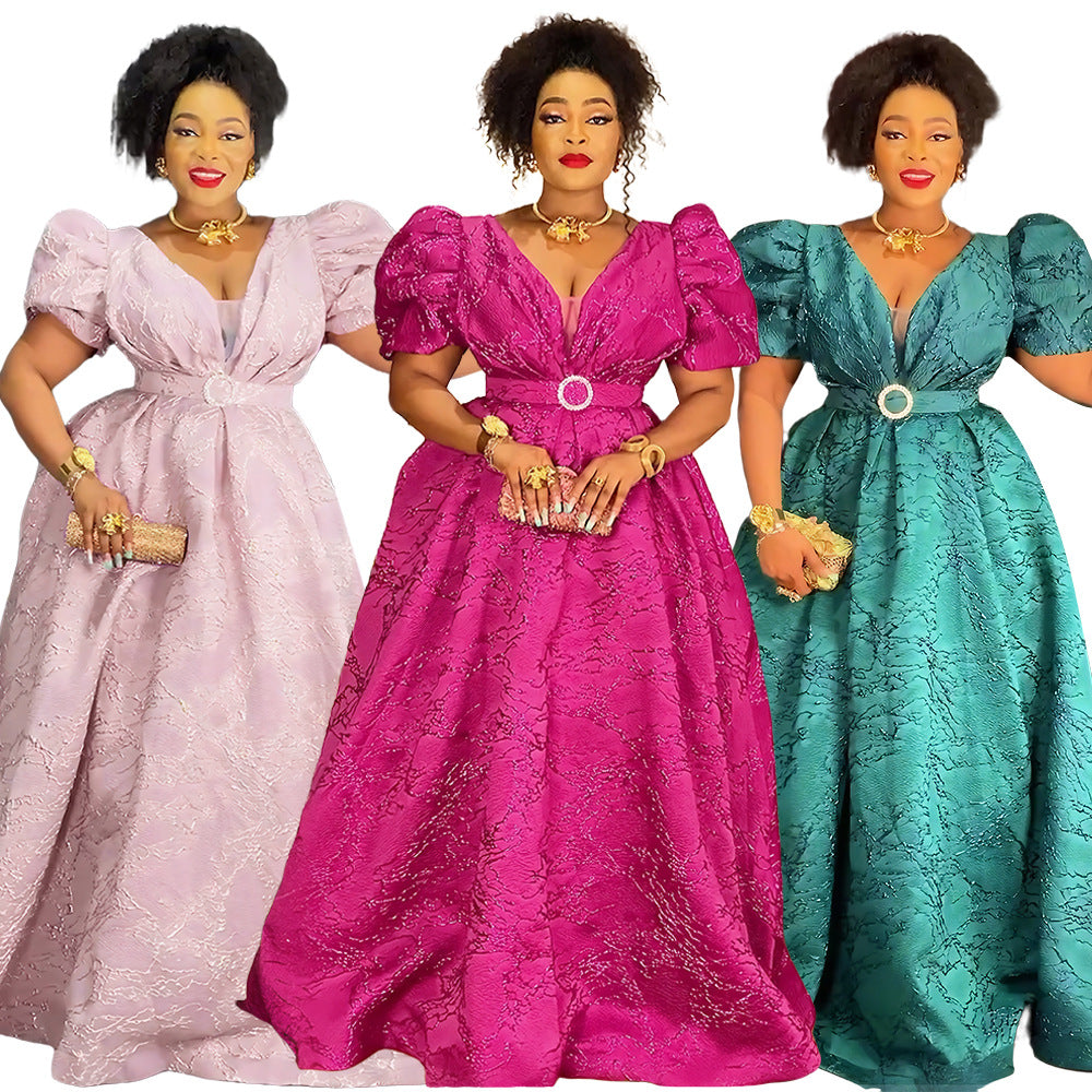 Chic Plus Size Dress Women Africa Mesh V-Neck Party Gown with Belt 10