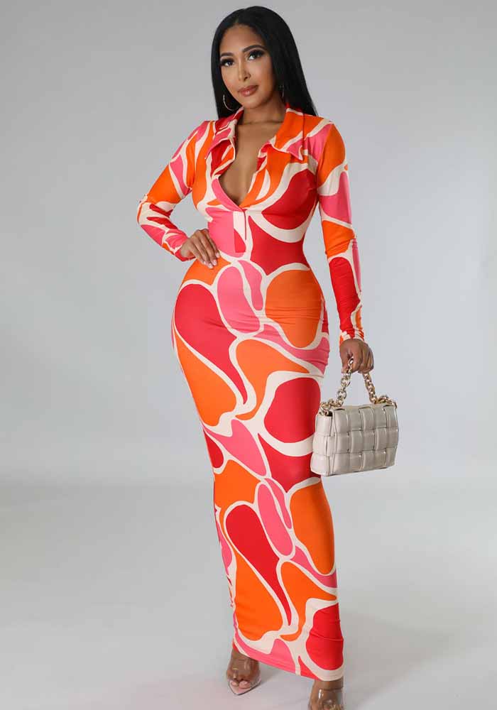 Women Long Sleeve Printed Bodycon Maxi Dress