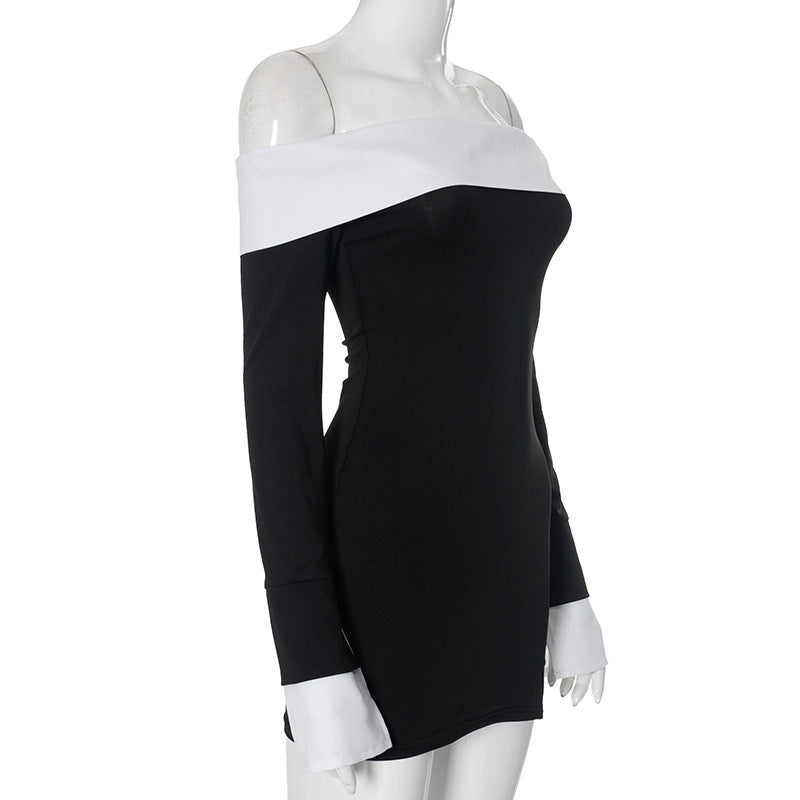 Women contrast Off Shoulder long sleeve Bodycon dress 7
