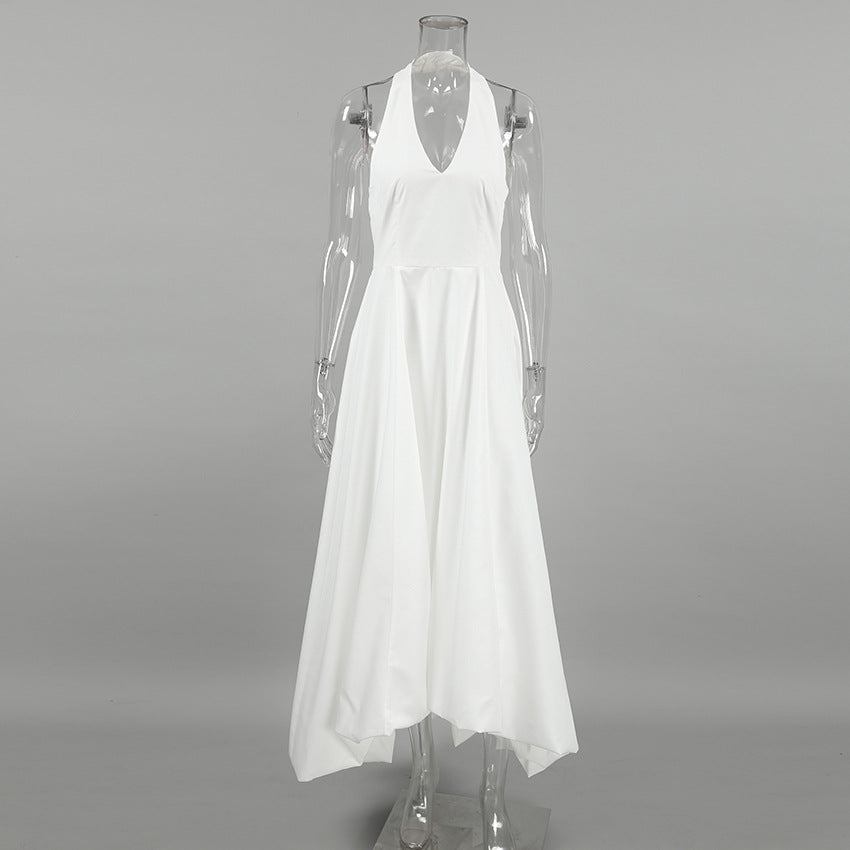 White Sexy Sleeveless Halter Neck Dress Fashion A-Line Maxi Dress for Women 10