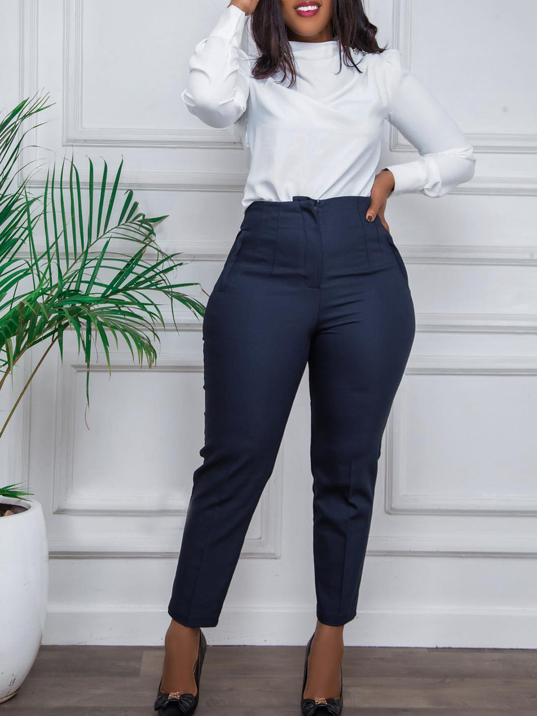 Women's High Waist Tight Fitting Nine Points Career Solid Color Casual Pants 12
