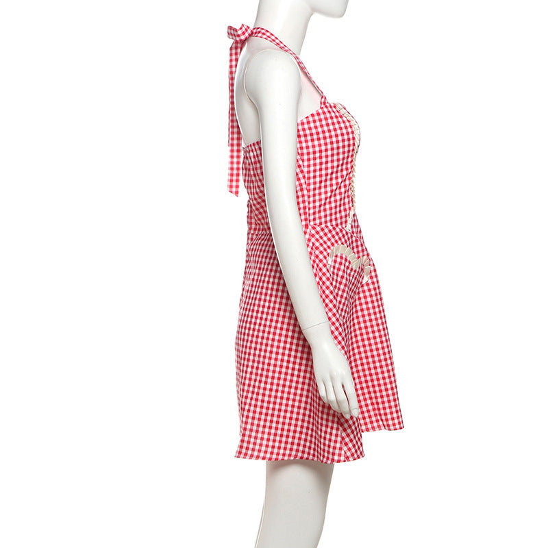 Summer women's clothing sexy Halter Neck contrast color slim Slim Fit Lace-Up plaid dress 8