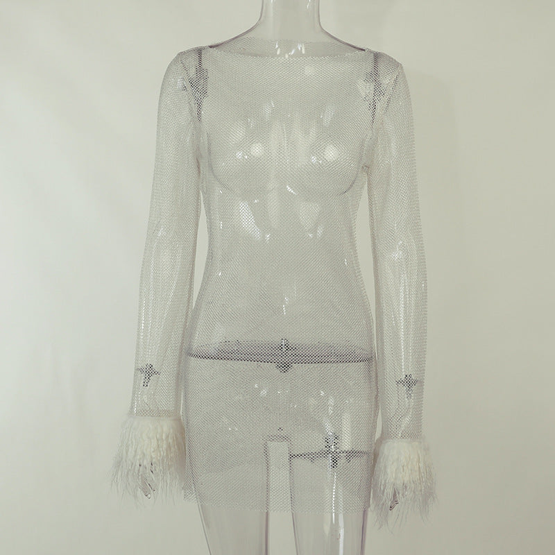 Furry Long Sleeve See-Through Mesh Fashion Trend Sexy Women's Nightclub  Dress 12