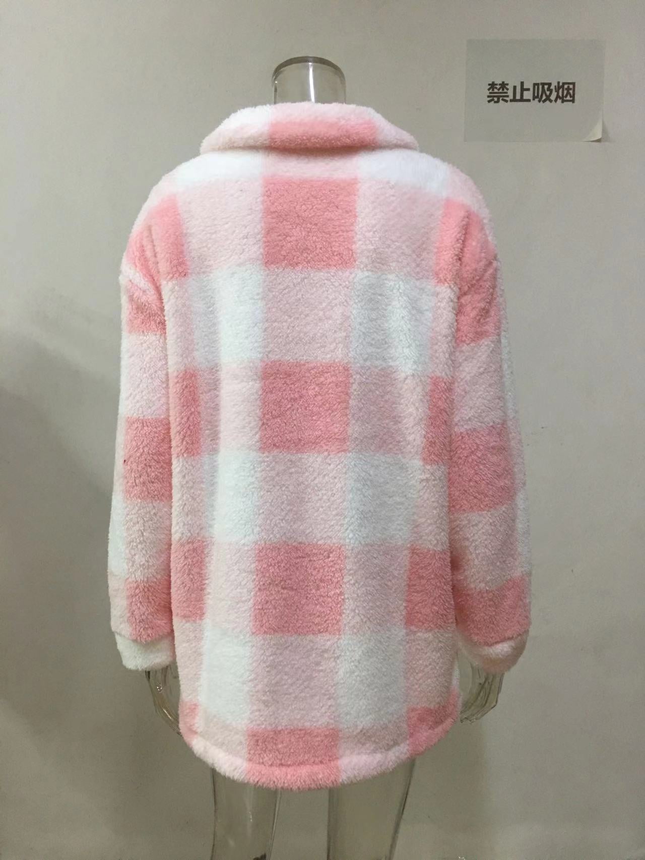 Women Autumn and Winter Pocket Plaid Sherpa Jacket Button Plush Jacket 26