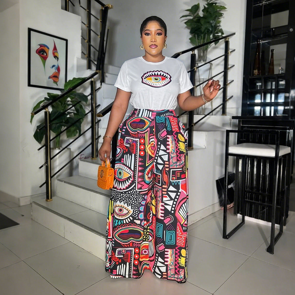 Women Printed Round Neck Short Sleeve Top and Wide Leg Pants Two Piece Set 3