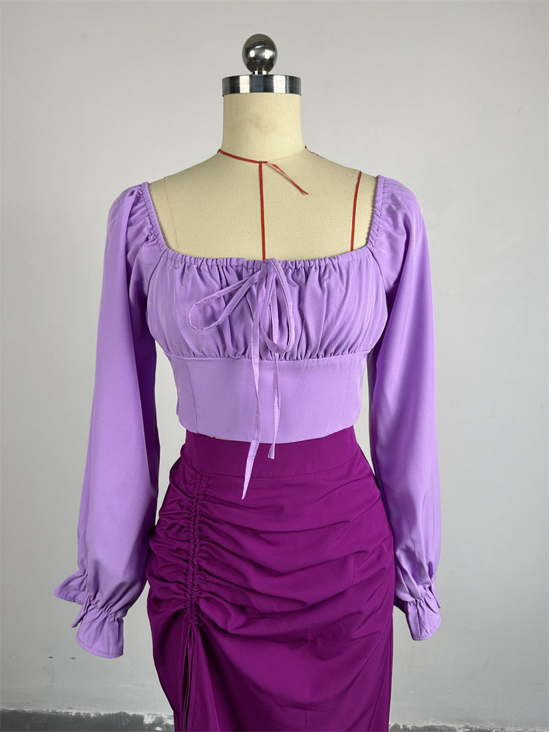 Women's Spring Fashion Square Neck Bell Bottom Sleeve Cropped Top Slit Skirt Two Piece Set 12