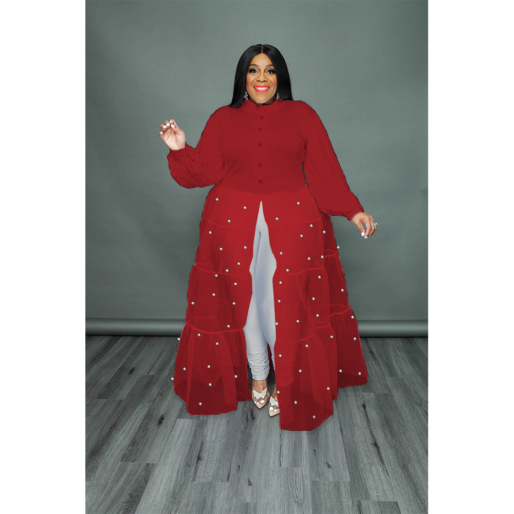 Plus Size Women's Black Pearl Mesh Patchwork Dress 3