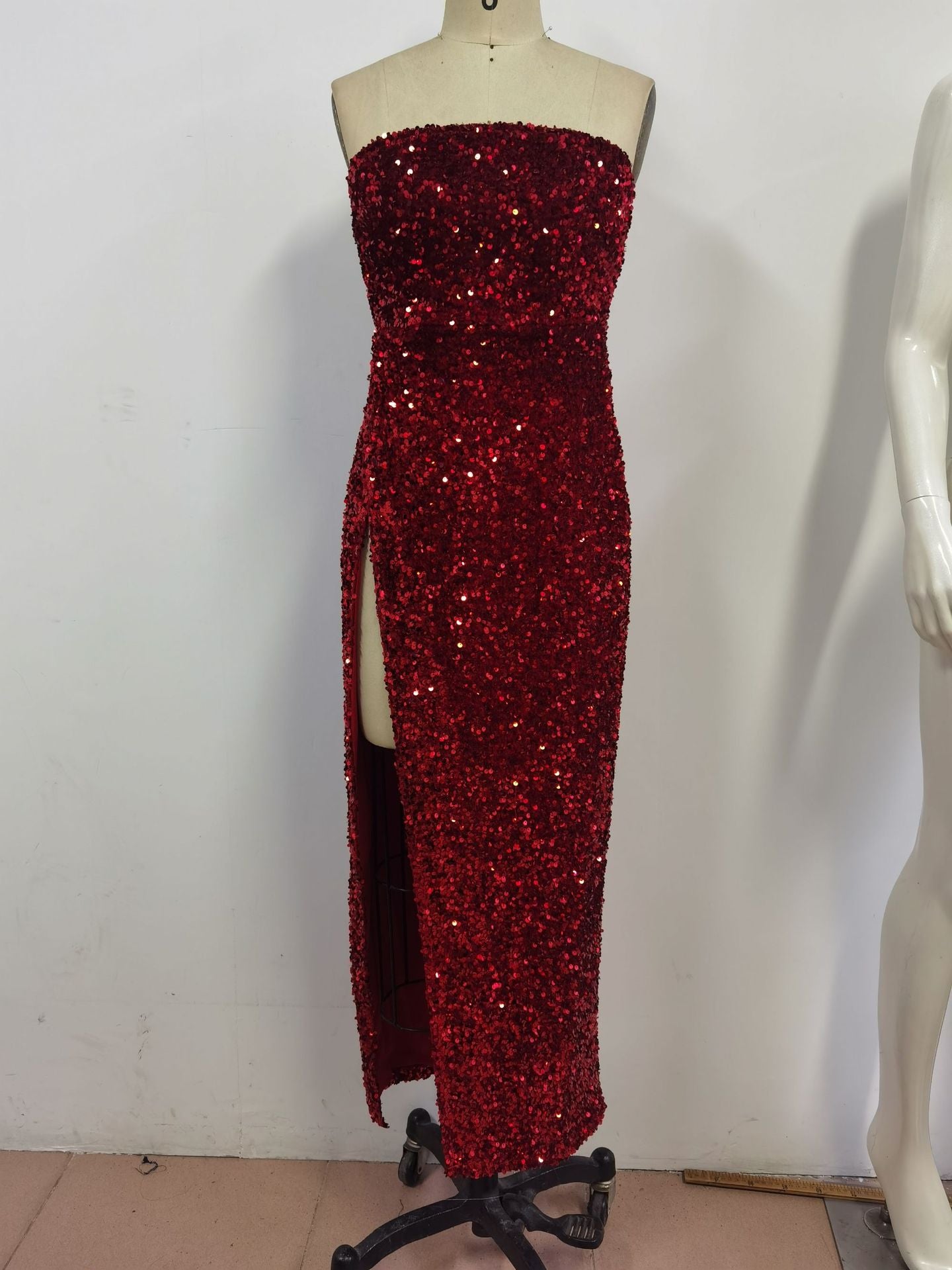 Spring Summer Women'S Strapless Sequins Sexy Slit Evening Dresses 7