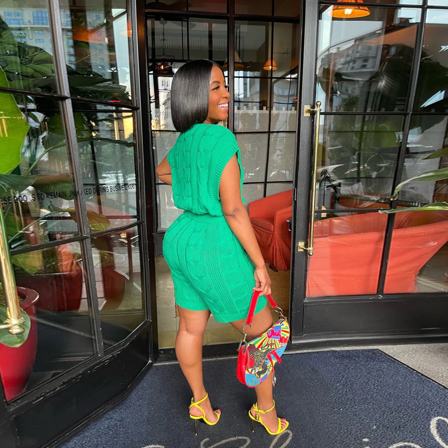 Sexy Solid Deep V Neck Sleeveless Loose Sweater Slim Shorts Two Piece Set 6