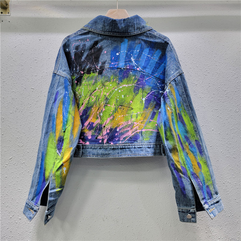 Fashionable Hand-Painted Graffiti Cargo Denim Top Women's Loose Shorts Jacket
