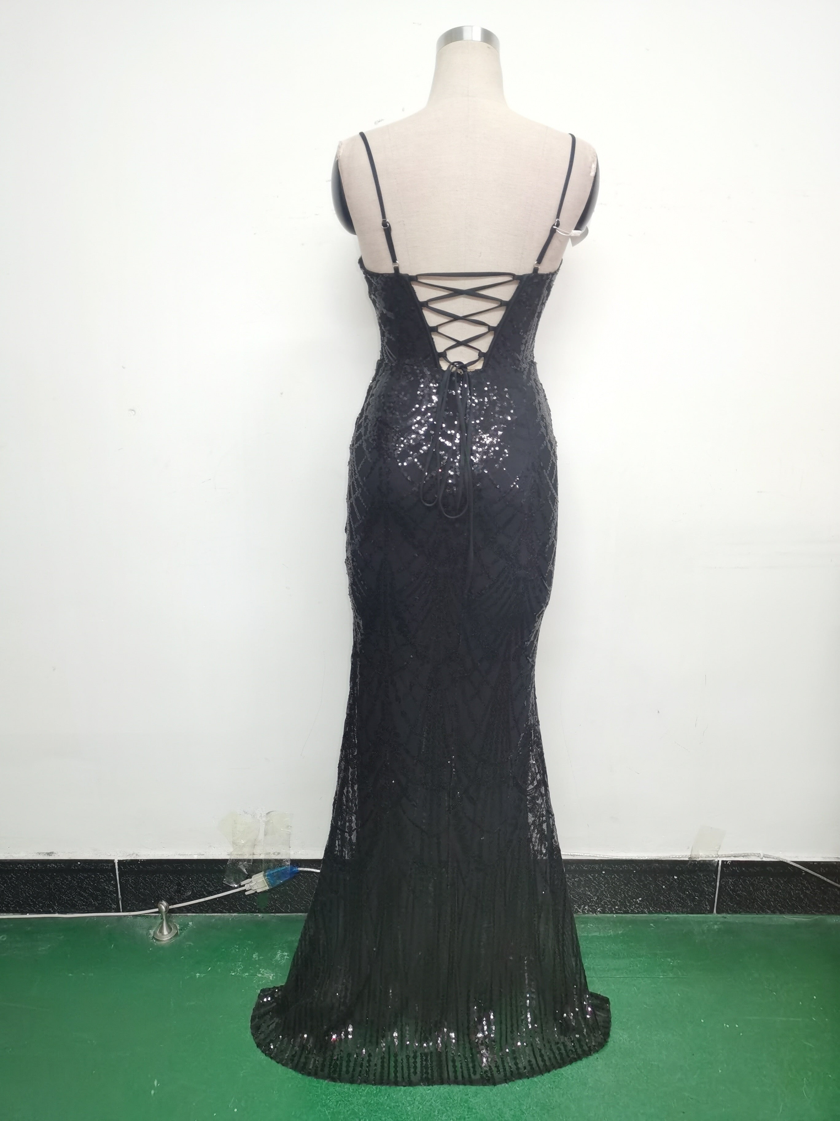 Women Beaded Tube Fishbone Lace-Up Sequin Formal Party Evening Dress 14