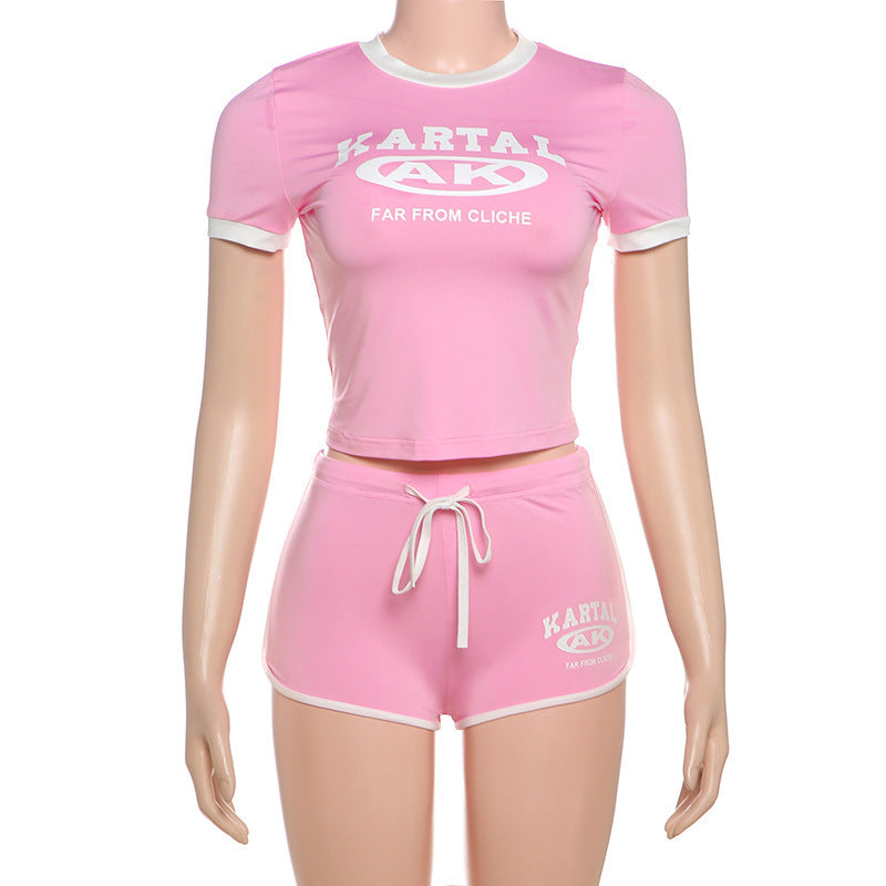 Women Contrast Print Short Sleeve T-shirt and Shorts Two-piece Set