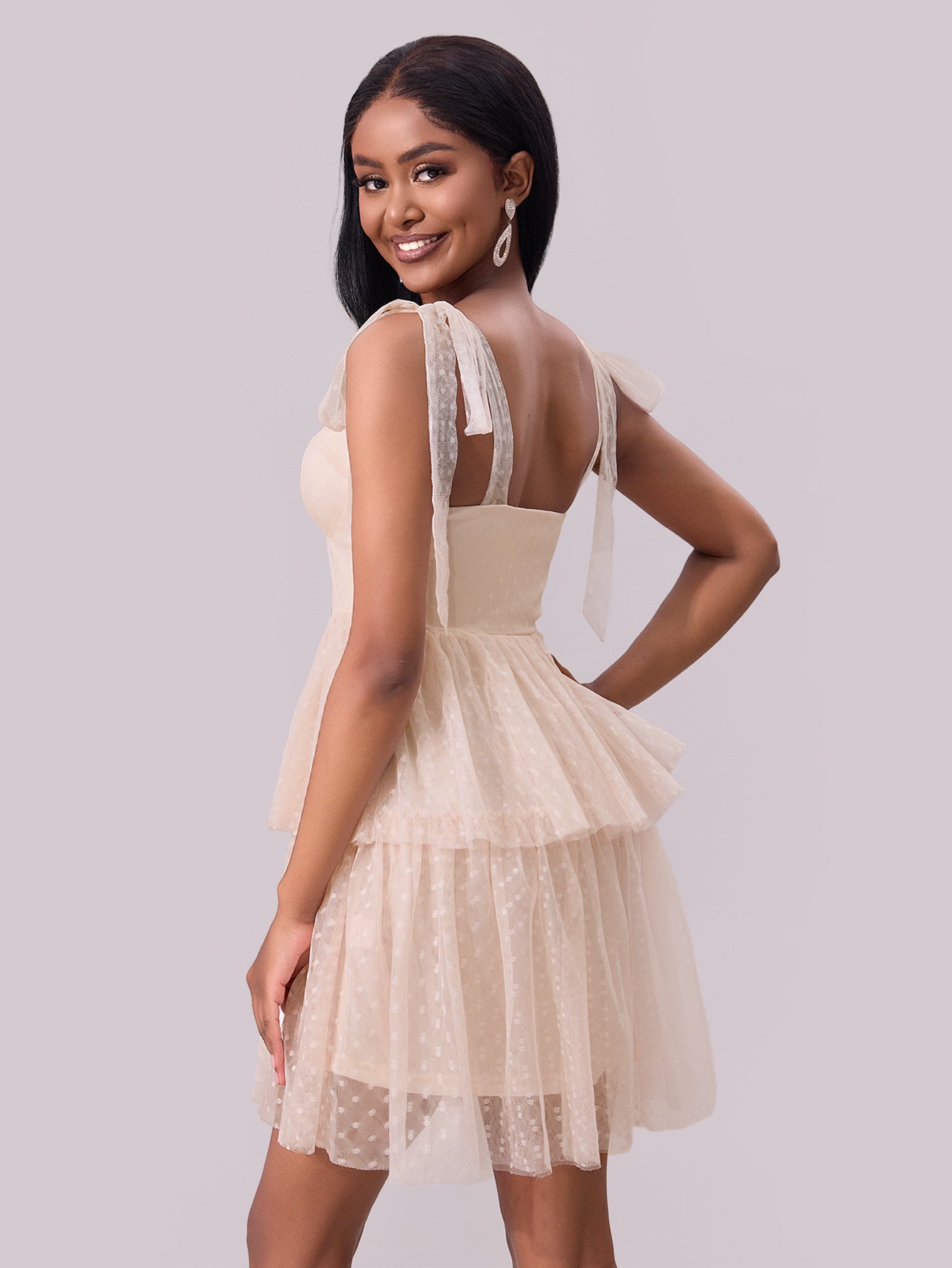 Women Evening Dress Lace-up Pleated Mesh Dress 5