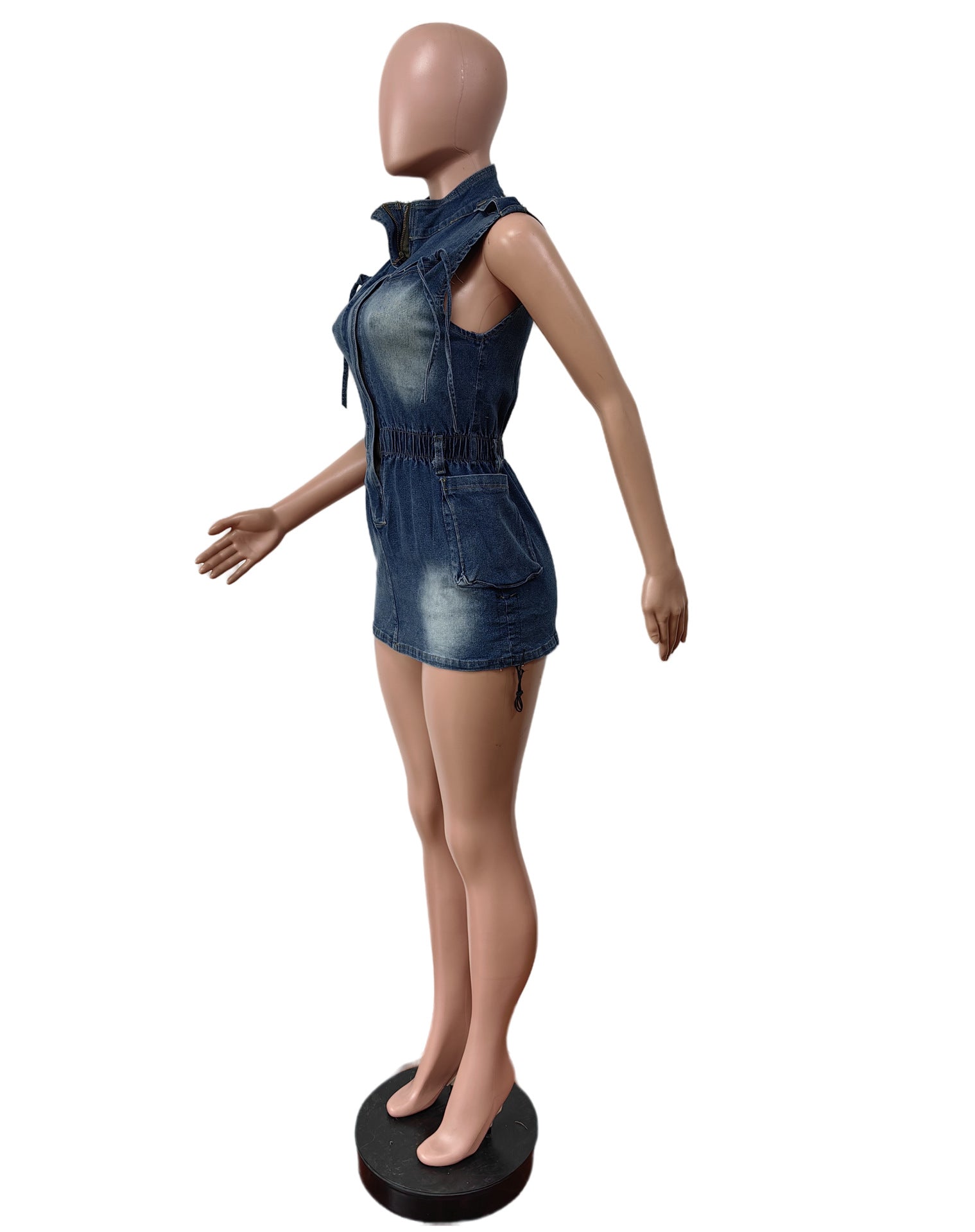 Women Denim Sleeveless Drawstring Stretch Dress 8