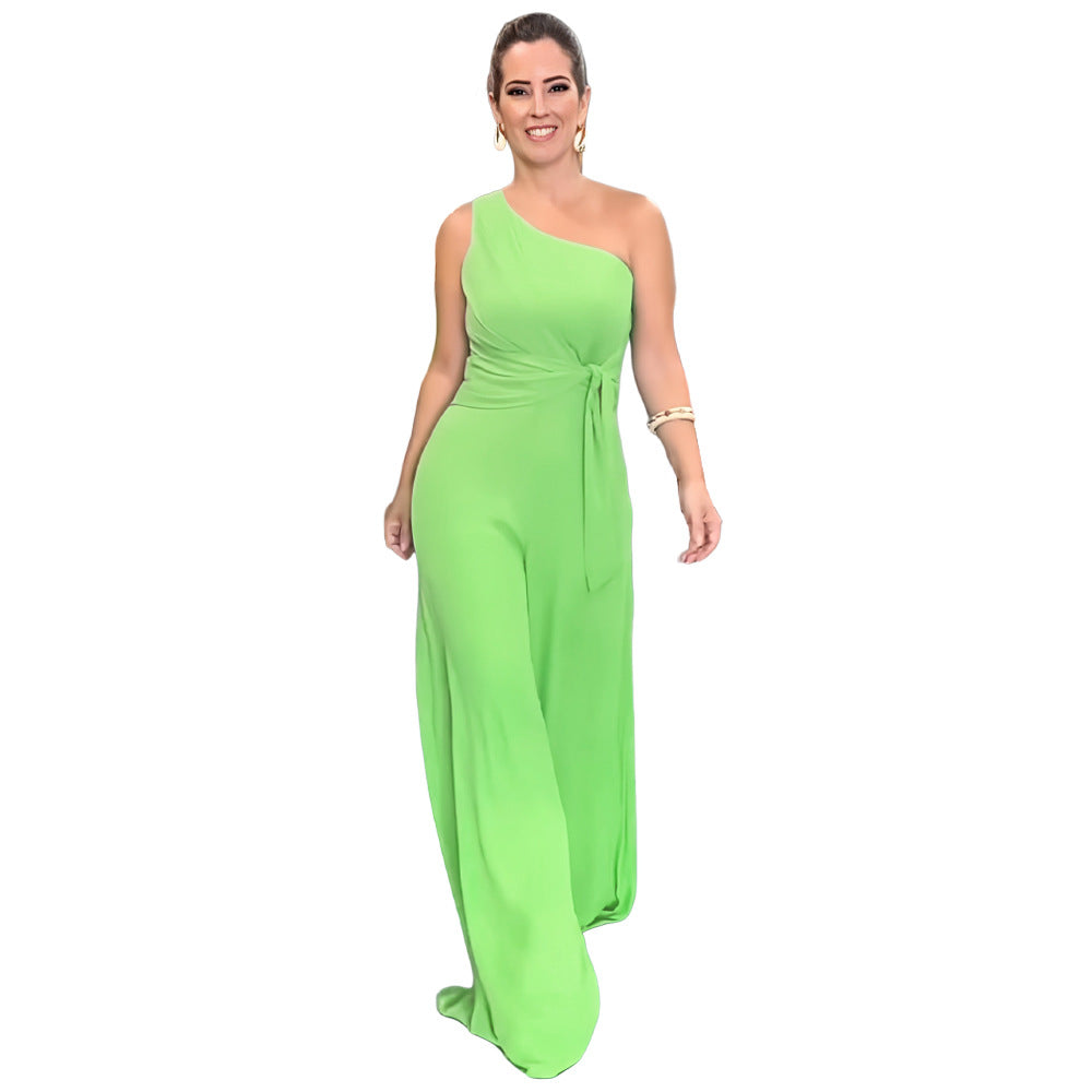 Casual Solid One Shoulder Slim Waist Wide Leg Bell Bottom Women's Jumpsuit 13