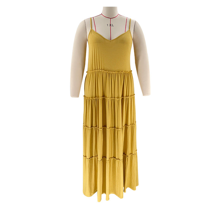 Summer Plus Size Women's Solid Color Sexy Camisole Pleated Patchwork Fashion Casual Dress 31