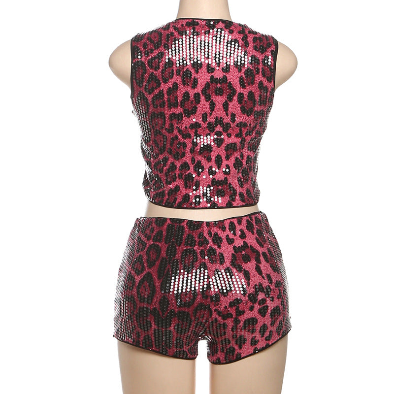 Women sexy animal leopard sequin sleeveless Top and shorts two-piece set 7
