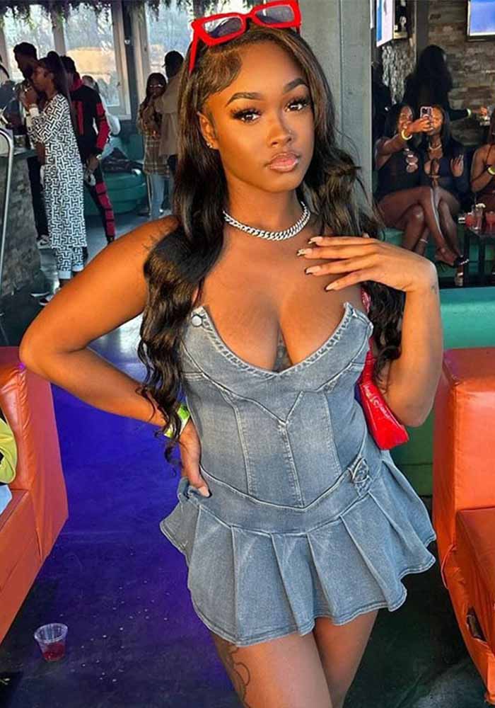 Women Stretch Denim French Pleated V-Neck Denim Dress