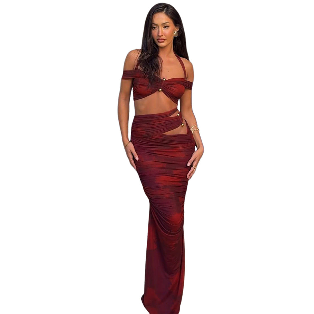 Summer Women's Sexy Halter Neck Off-Shoulder Sleeveless Top & Fitted Ruched Long Skirt Set 27