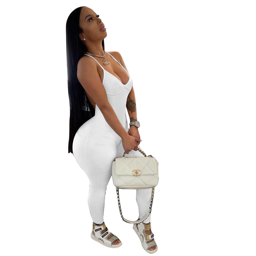 Women Solid Rib Suspender Yoga Jumpsuit 7