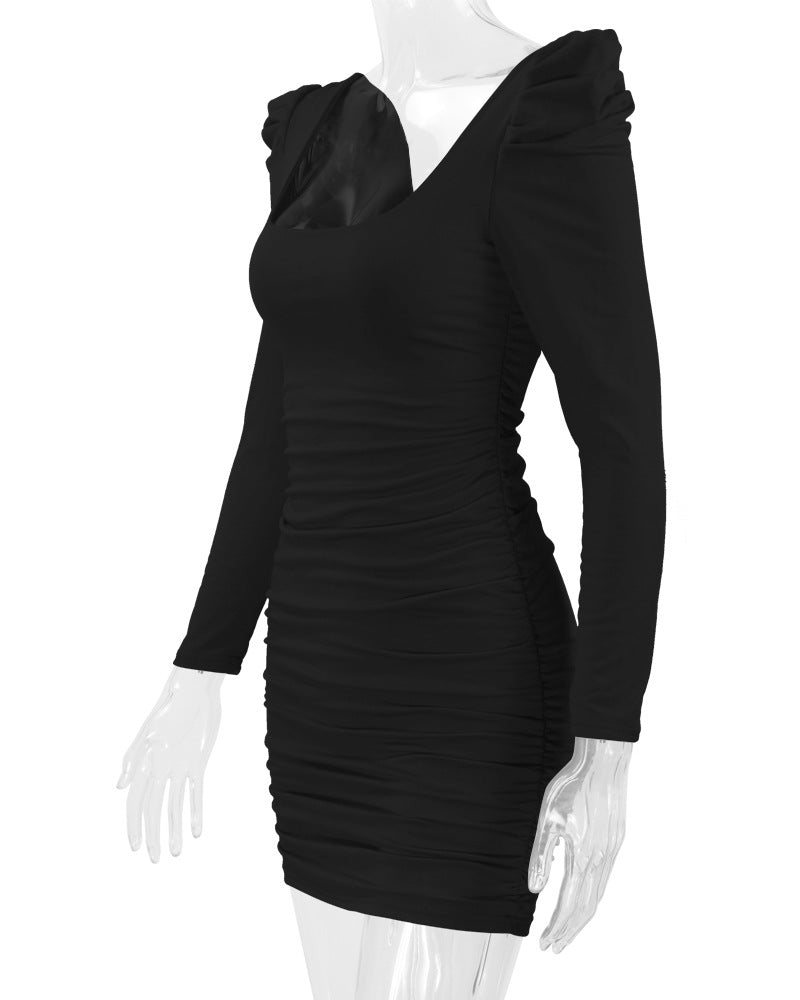 Autumn Winter Women's Sexy Low Back Stacked Shoulder Long Sleeve Slim Dress 21