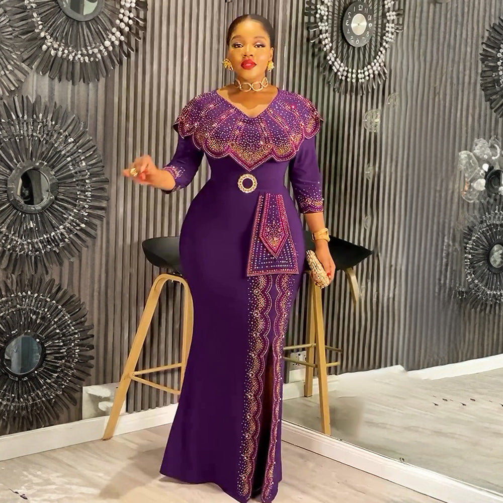 Africa Plus Size Women's Fashion Chic Elegant Formal Party Beaded V-Neck Dress 5