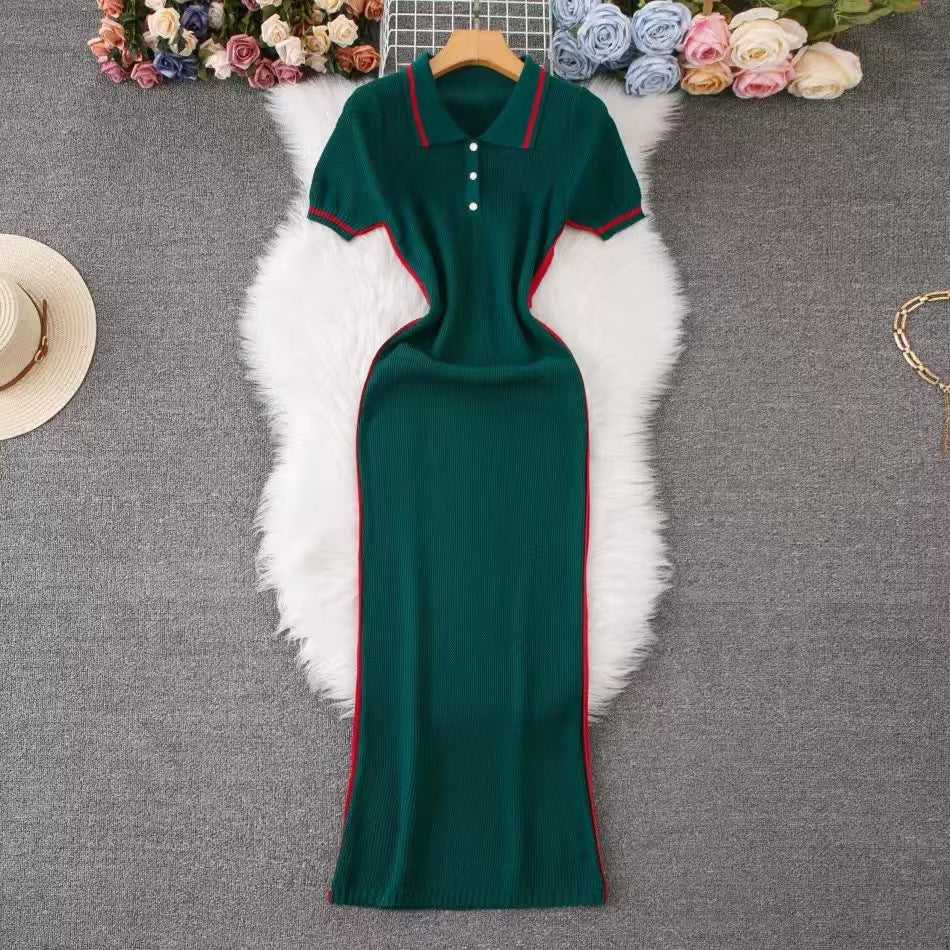 Women's Fashion Turndown Collar V-Neck Short Sleeve Knit Midi Dress 16