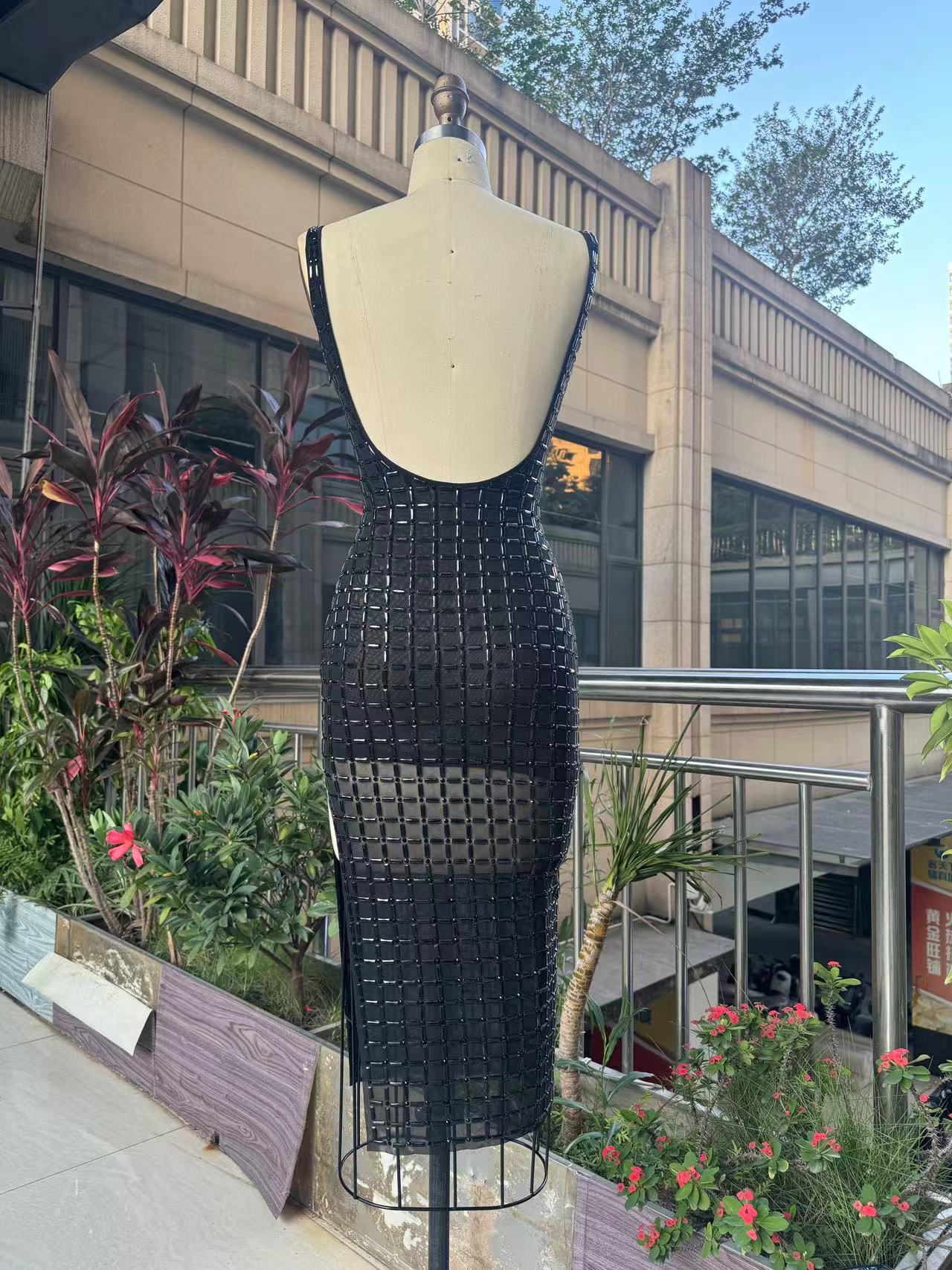 Sexy Rhinestone Bead V-Neck Low Back Bodycon Night Club Dress 5