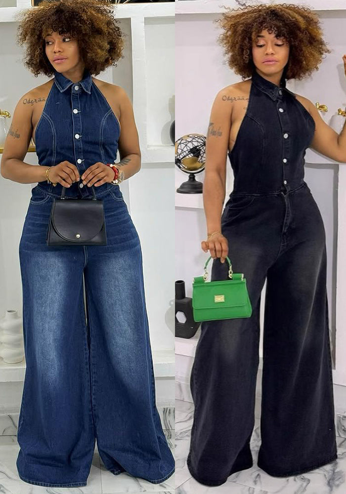 Women summer turndown collar Halter Neck backless denim jumpsuit