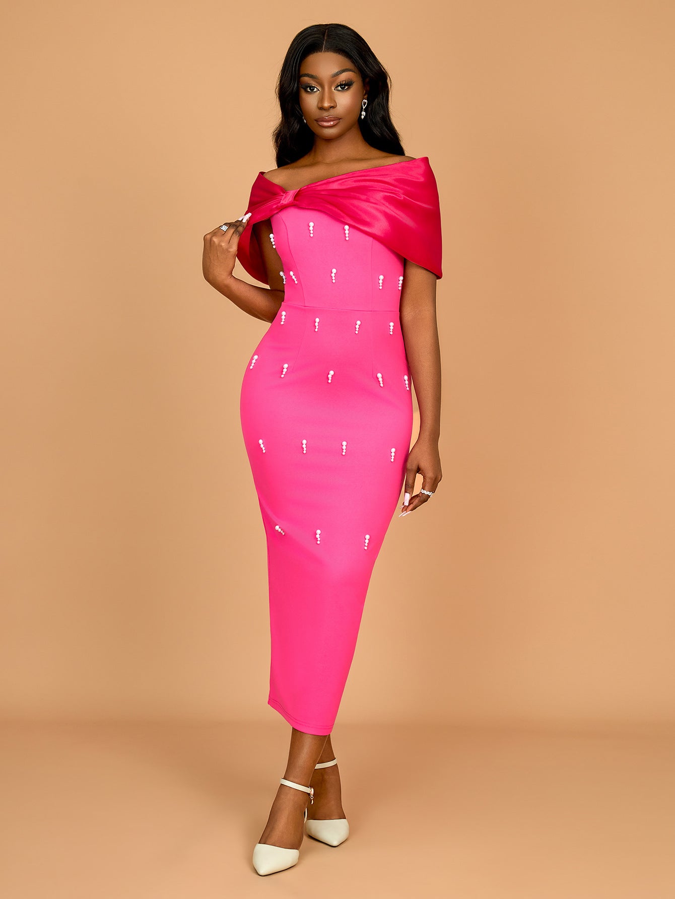 Spring Summer Bow Off Shoulder Beaded Party Cocktail Dress 4