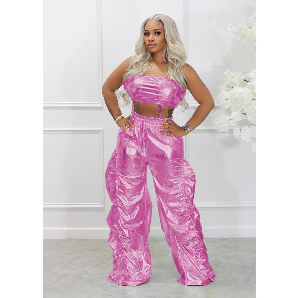 Women Fashion Shiny Street Hip Hop Crop Top and Pant Two-Piece Set