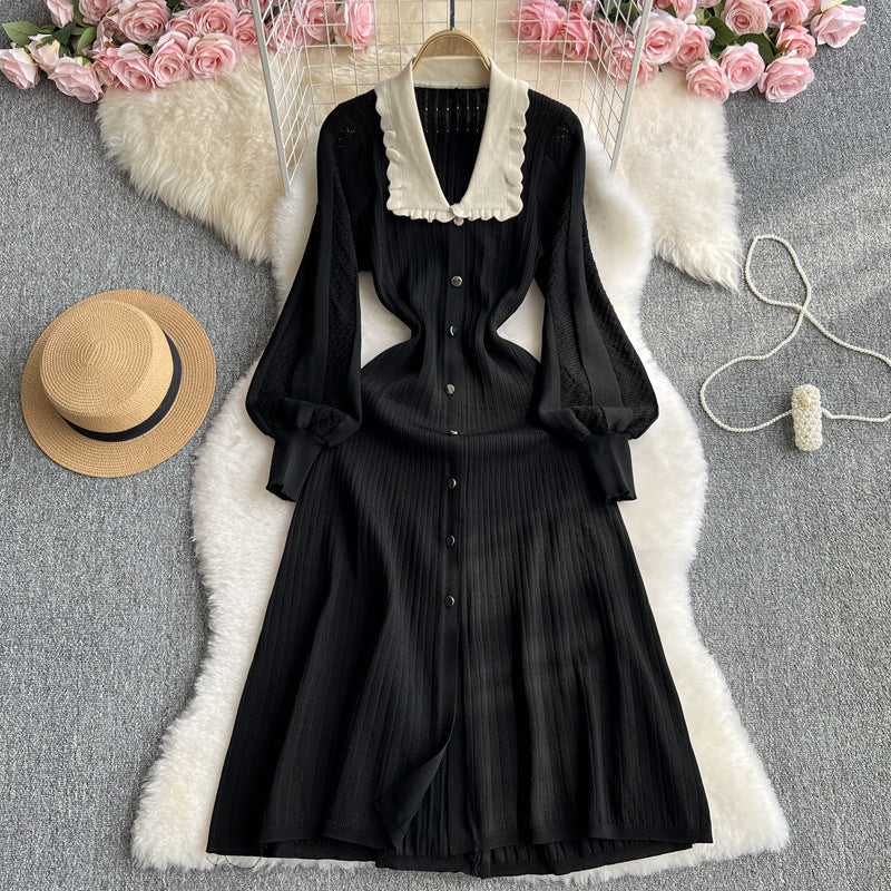 Women French knitting dress season Turndown Collar lantern sleeve long skirt