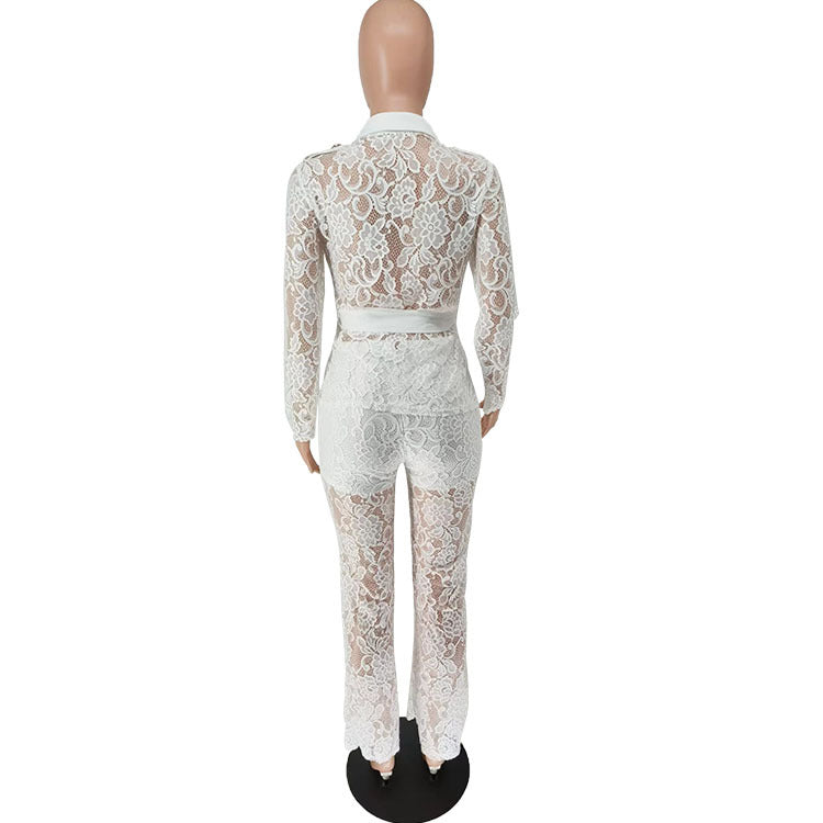 Women Fall Turndown Collar Long Sleeve Top and Pants Two-piece Set 10