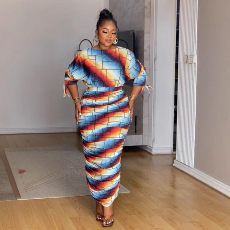 Printed Pleated Long-Sleeved Two-Piece Skirt Set