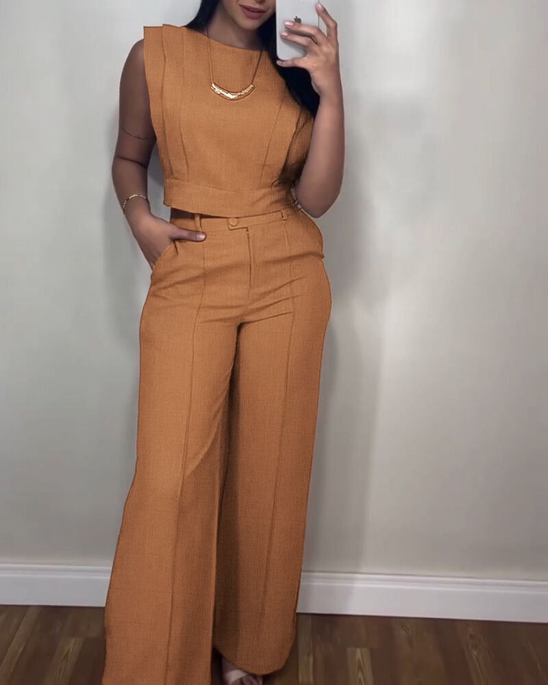 Women Round Neck Crop Top and Pants Casual Two Piece Set 3