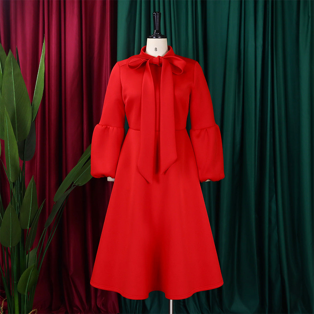 Women's Puff Sleeve Bow Tied High Waist A-Line Party Dress 19