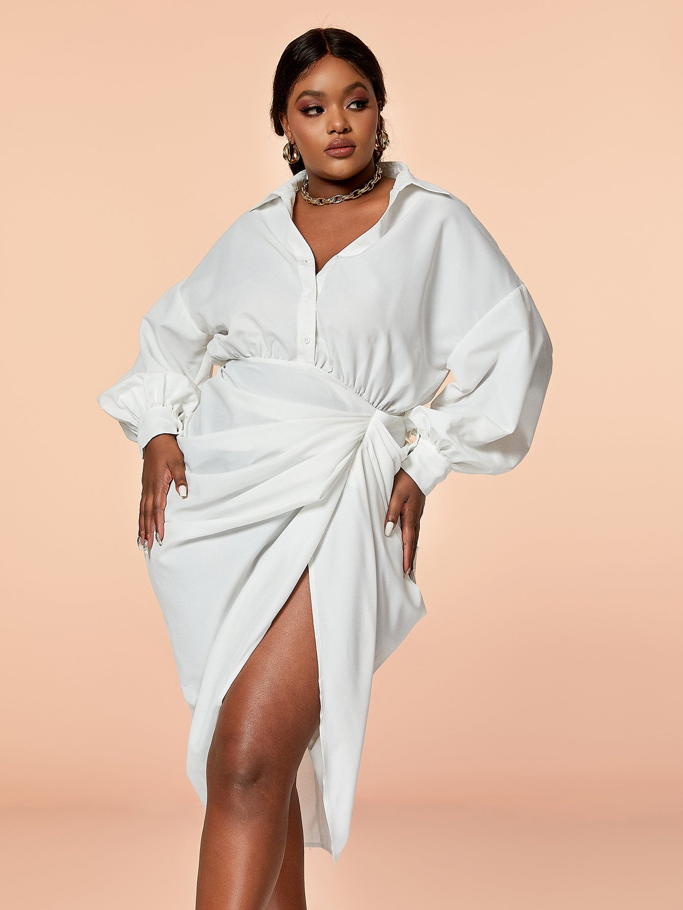 Plus Size Women White Lace-Up Irregular design pleated shirt long-sleeved dress 4