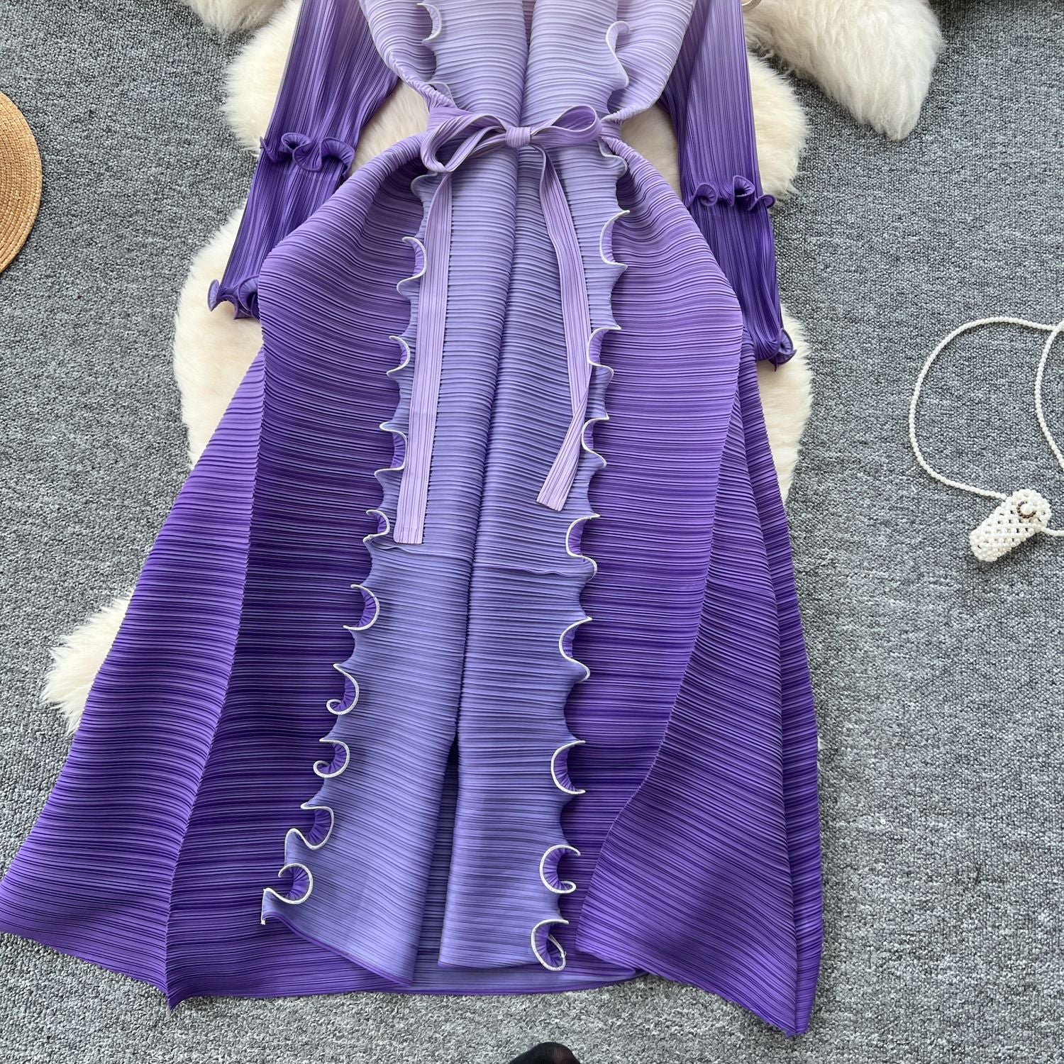 Women Lace-Up Ruffle Edge Pleated Dress 18