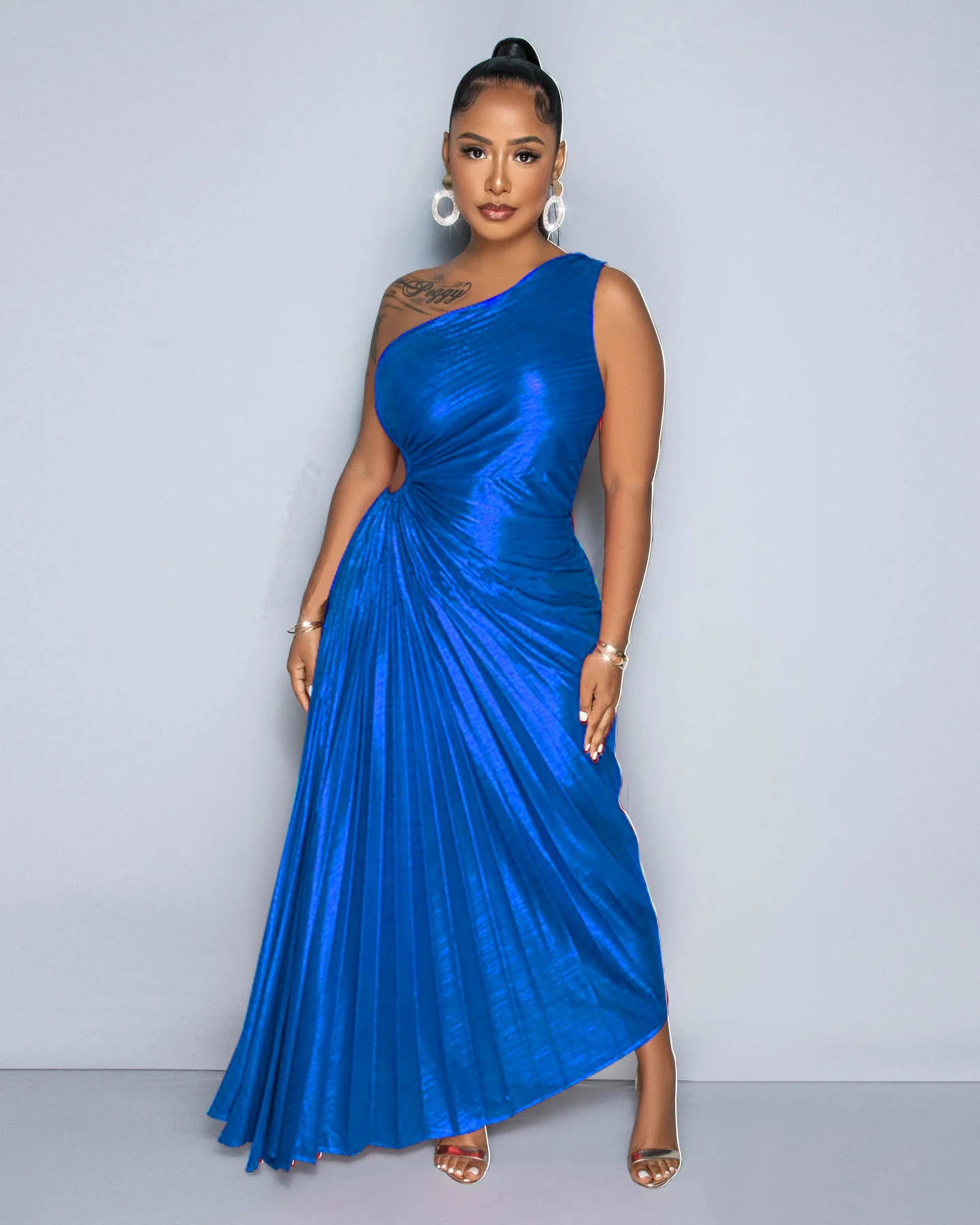 Women Pleated Slash Shoulder Shiny Dress 12