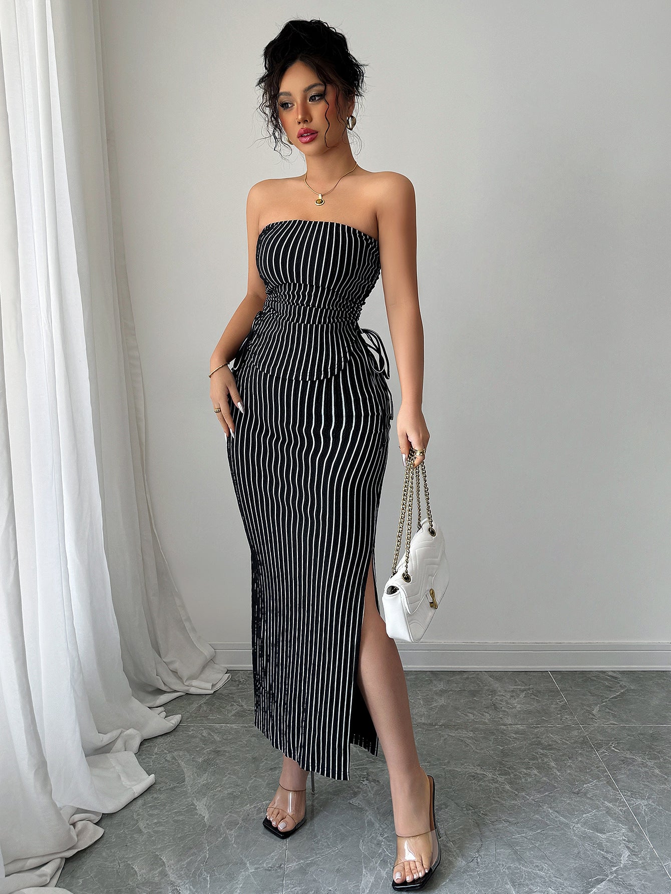 Women elegant stripes Lace-Up Strapless Top and Bodycon Skirt two-piece set 5