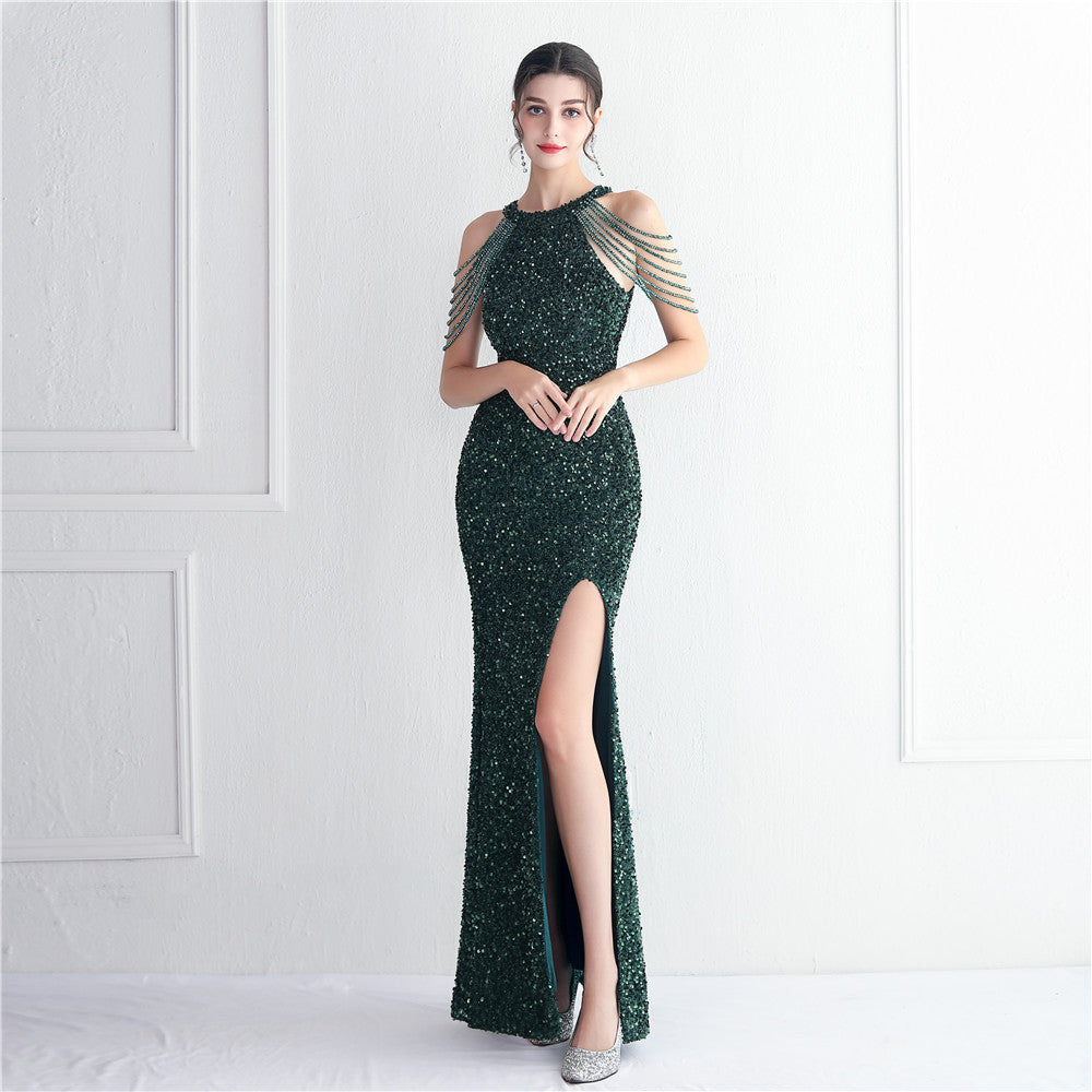 Beading Formal Party Chic Elegant Long Halter Neck Split Sequins Evening Dress 15