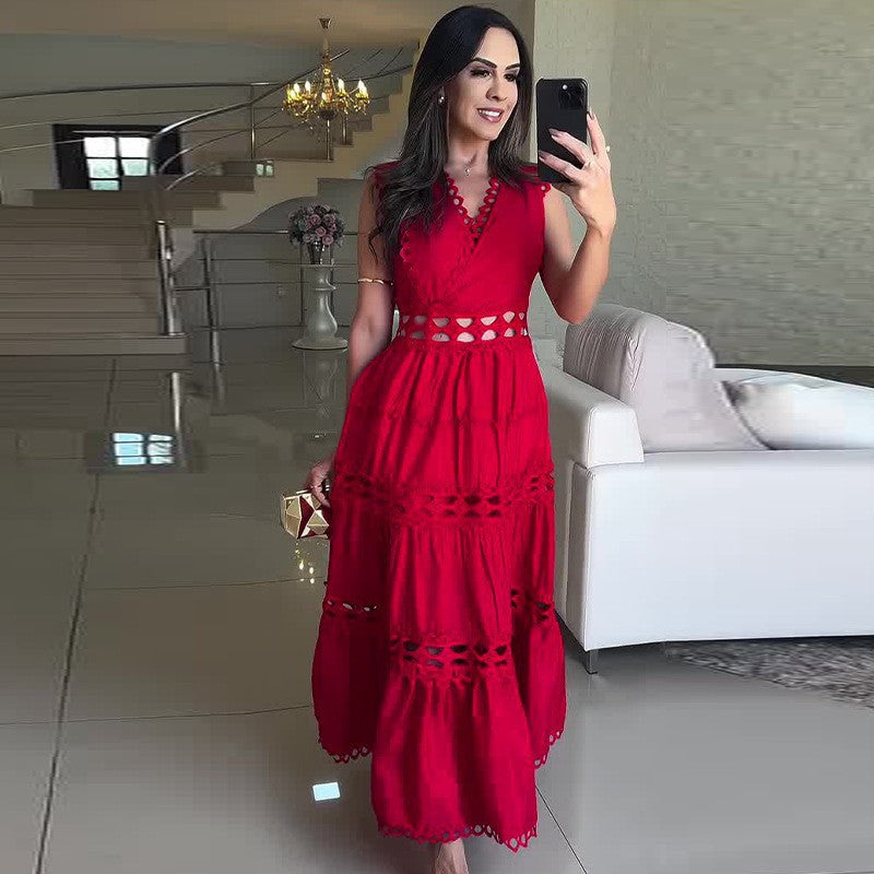 Hollow Embroidery V-Neck Long Sleeveless Casual Long Dress 7