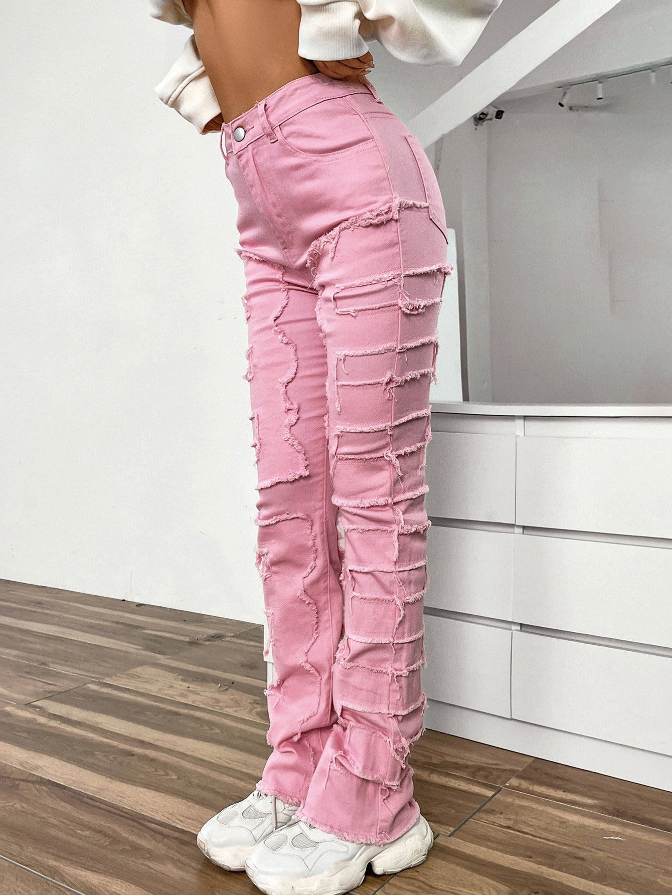 Women's Denim Embroidered Straight Pants Fashionable Patch Jeans 7