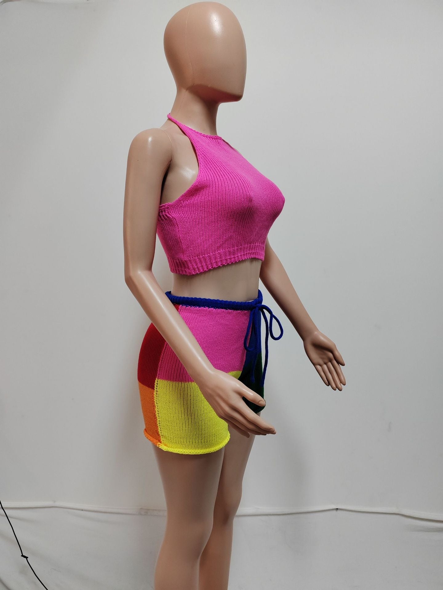 Summer Women's Knitwear Fashion Low Back Halter Neck Top & Tight-Fitting Shorts Set 7