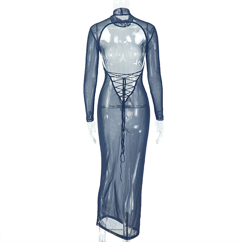 Women Elegant Sexy Backless Stand Collar Long Sleeve Solid Maxi Dress 7