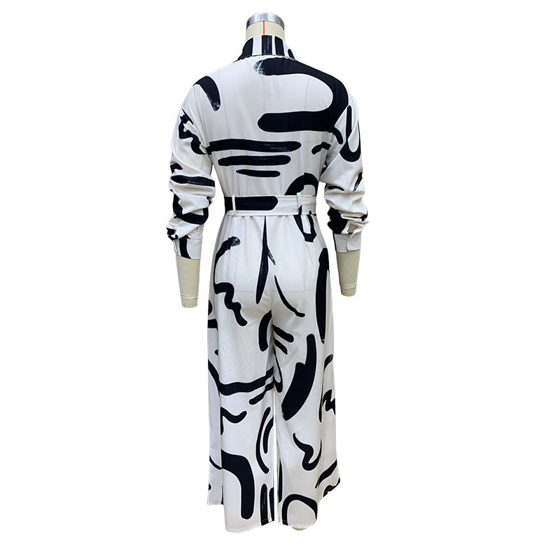 Women Casual Print Turndown Collar Jumpsuit 7