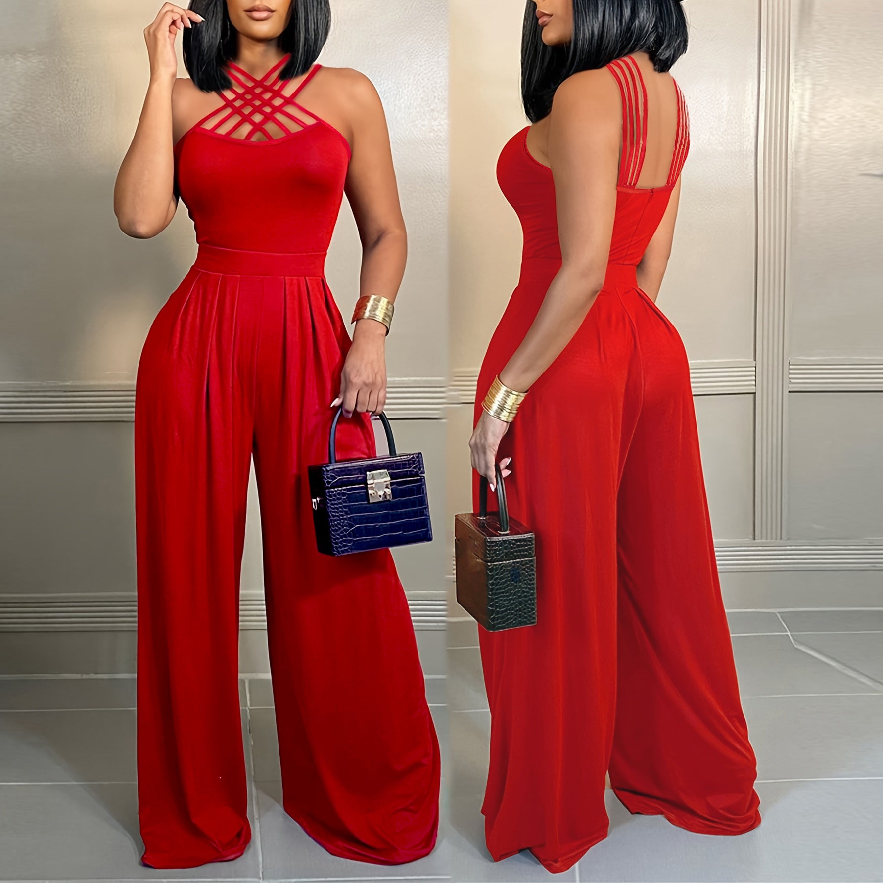 Women Career Sexy Strap Cross Wide Leg Jumpsuit